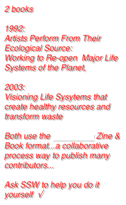 2 books 

1992:  
Artists Perform From Their Ecological Source: 
Working to Re-open  Major Life Systems of the Planet,

2003:
Visioning Life Sysytems that create healthy resources and transform waste

Both use the assembling Zine & Book format...a collaborative process way to publish many contributors...

Ask SSW to help you do it
yourself  √