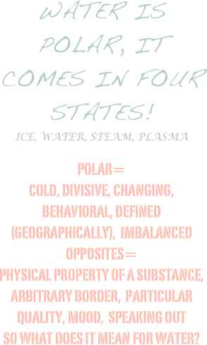water is polar, it comes in Four states!
Ice, Water, Steam, Plasma

polar= 
cold, divisive, changing, behavioral, defined (geographically),  imbalanced
opposites=
physical property of a substance, arbitrary border,  particular quality, mood,  speaking out
so what does it mean for water?
