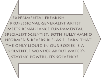 
experimental freakish
professional generalist artist meets renaissance fundamental specialist Scientist, both fully amnio informed & reversible. as I learn that the only liquid in our bodies is a solvent, I wonder about water’s
staying powers, its solvency!
 