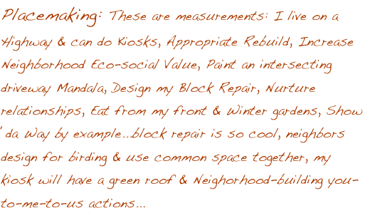 Placemaking: These are measurements: I live on a Highway & can do Kiosks, Appropriate Rebuild, Increase Neighborhood Eco-social Value, Paint an intersecting driveway Mandala, Design my Block Repair, Nurture relationships, Eat from my front & Winter gardens, Show ‘da Way by example...block repair is so cool, neighbors design for birding & use common space together, my kiosk will have a green roof & Neighorhood-building you-to-me-to-us actions...