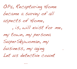 OP5, Recapturing Home became a survey of all aspects of Home, how it was, is, will exist for me, my town, my persona SuperSkywoman, my business, my aging & more. Let us detective count the ways...