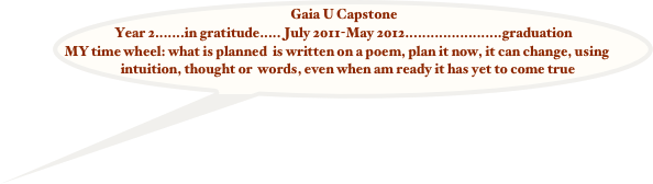 Gaia U Capstone     Year 2.......in gratitude..... July 2011-May 2012.......................graduation
MY time wheel: what is planned  is written on a poem, plan it now, it can change, using intuition, thought or  words, even when am ready it has yet to come true


