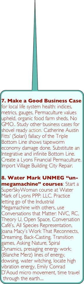 
7. Make a Good Business Case for local life system health: indices, metrics, gauges, Permaculture values upheld, organic food farm sheds, No GMO.. Study other business cases for shovel ready action. Catherine Austin Fitts’ (Solari) fallacy of the Triple Bottom Line shows tapeworm economy damage done. Substitute an Integrative and infinite Bottom Line. Create a Lyons Financial Permaculture. Import Village Building City Repair.

8. Water Mark UNMEG “un-megamachine” courses: Start a SuperSkyWoman course at Water Mark of Lyons PPP: LLC. Practice letting go of the Industrial Megamachine with others, use Conversations that Matter: NVC, RC, Theory U, Open Space, Conversation Café’s, All Species Representation, Joana Macy’s Work That Reconnects, Dreaming, Back-Casting, Transition games, Asking Nature, Spiral Dynamics, presaging energy work: (Blanche Merz) lines of energy, dowsing, water witching, locate high vibration energy, Emily Conrad D’Aoud micro movement, time travel through the earth....